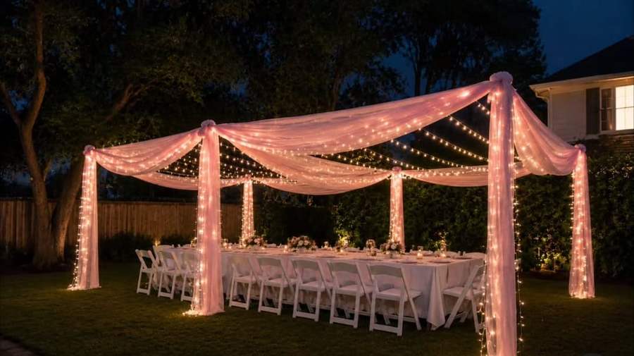Pink draped canopy with fairy lights over a long table at night