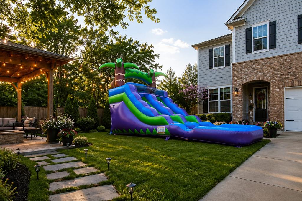 Purple and green commercial water slide installed beside a home patio